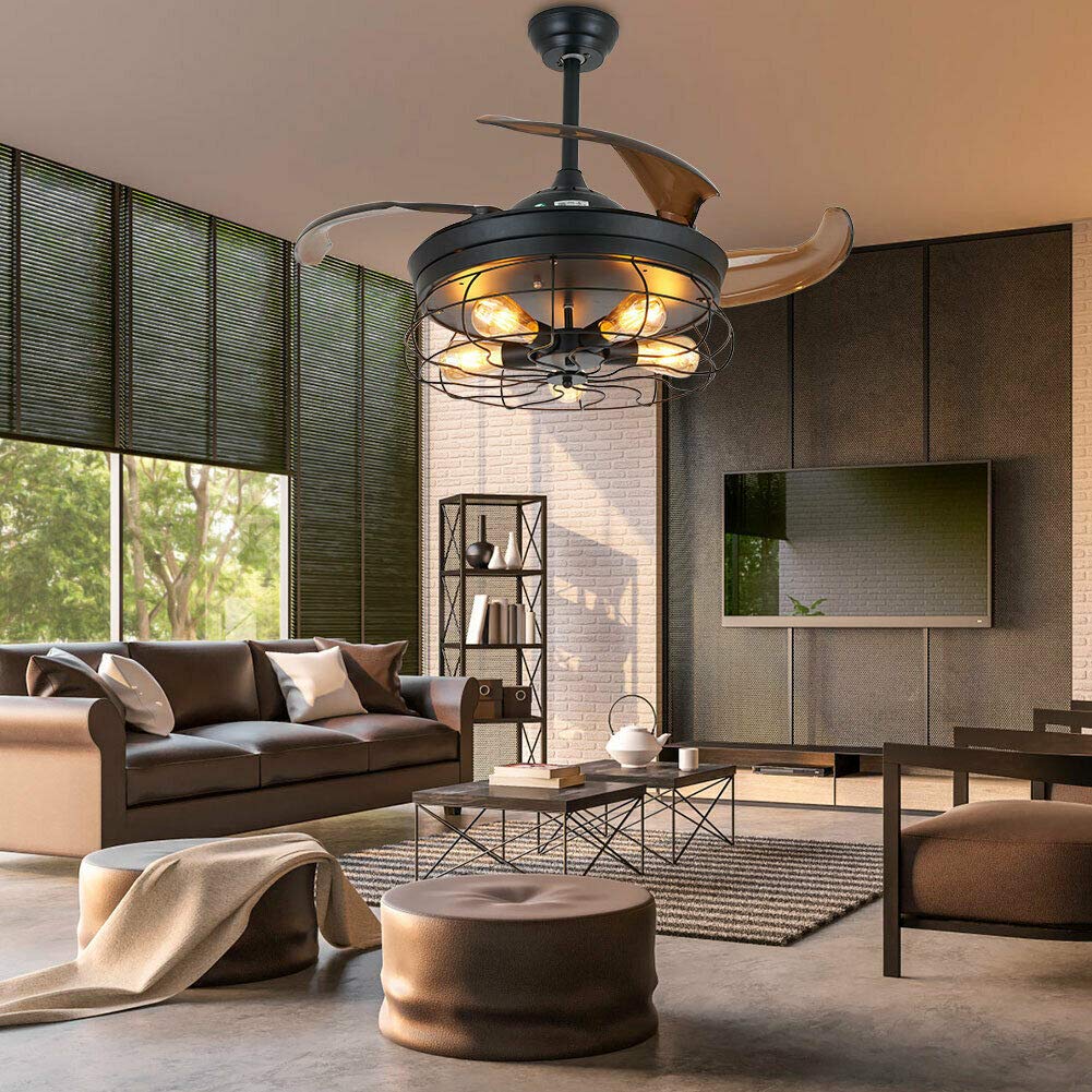 DNYSYSJ 36Inch Industrial Vintage Ceiling Fan with Light & Remote - Retractable Bladeless Caged Fan for Farmhouse, Bedroom, Office (Black, E27X5) | Perfect for Home Decor, Cooling & Lighting