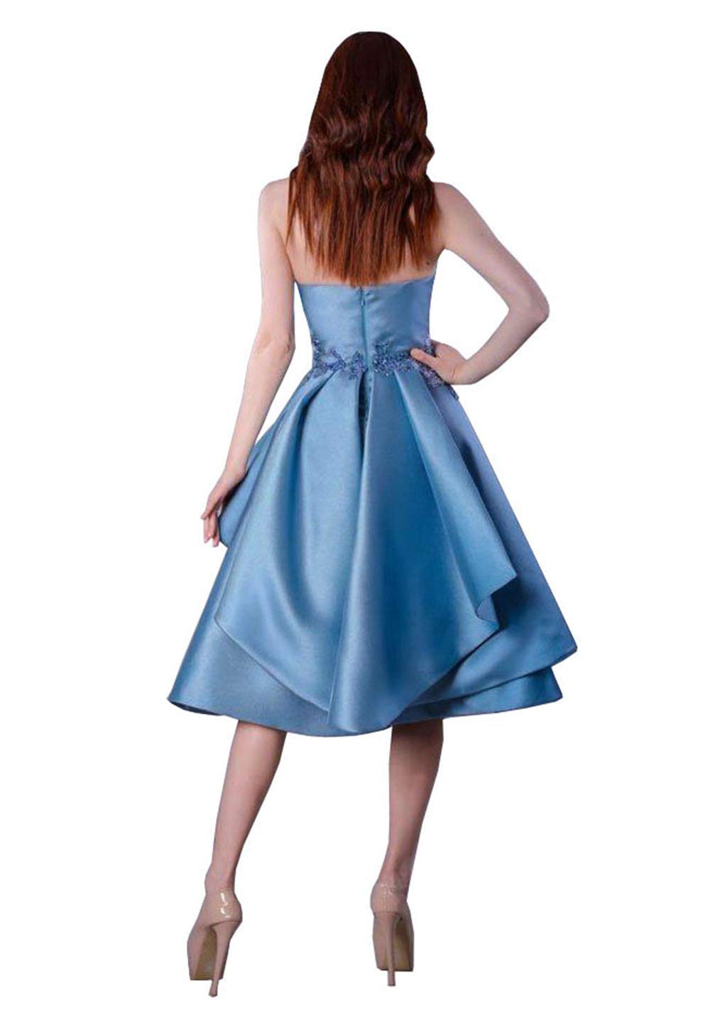 Elegant Blue Satin Knee-Length Party Dress for Women - Applique Layered Prom Gown, Clubwear & Special Occasion Outfit | Perfect for Prom Night, Cocktail Parties & Evening Events