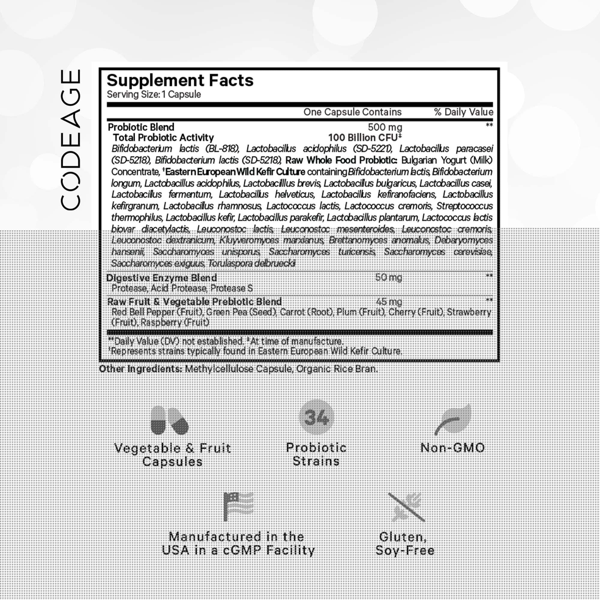 Codeage Raw Probiotic+ Supplement - 100 Billion CFU, 34 Strains, Gut Health & Immune Support - for Digestive Wellness, Bloating Relief & Daily Immune Boost - Unflavored Capsules for Men & Women