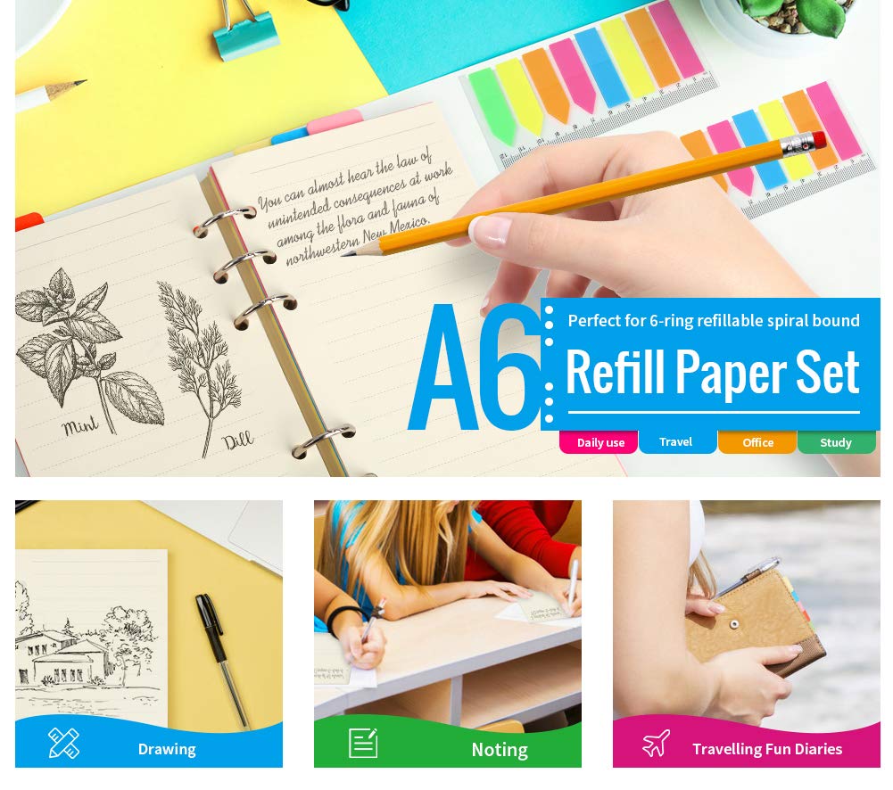 Premium A6 Refill Paper 3-Pack - 270 Lined Pages with 5 Color Binder Dividers, 160 Neon Sticky Index Flags & 2 A6 Binder Pockets - Compatible with 6-Ring Refillable Notebooks - Perfect for Journaling, Planning & Office Organization