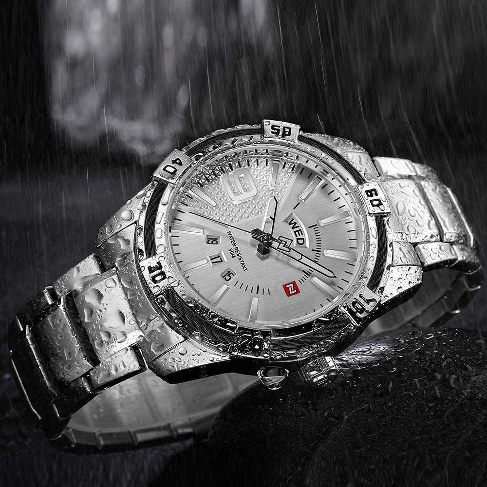 Luxury Men's Analog Day Date Quartz Watch - Waterproof Stainless Steel for Business & Formal Wear