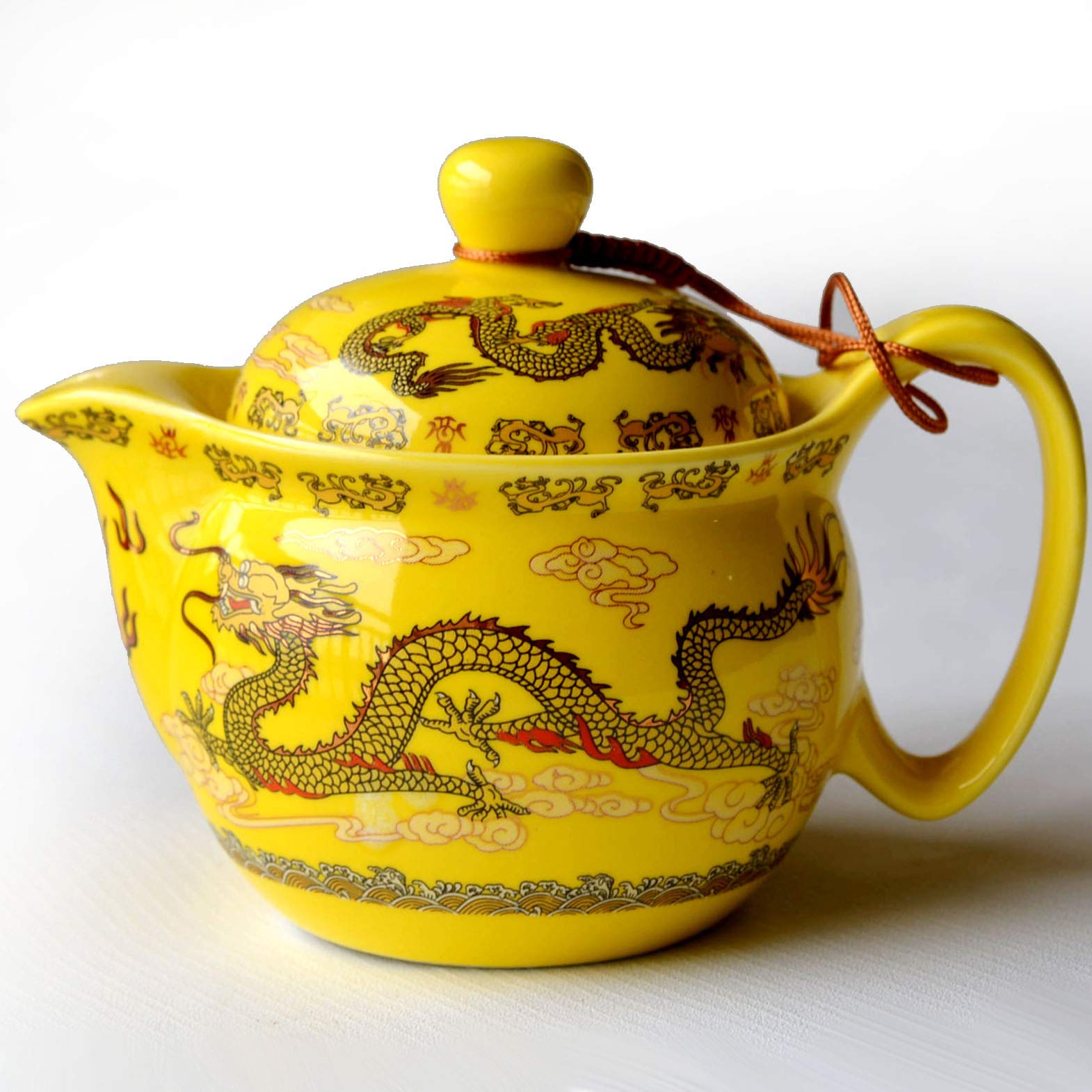 12oz Chinese Dragon Teapot with Infuser - Yellow Porcelain for Loose Tea Brewing at Home