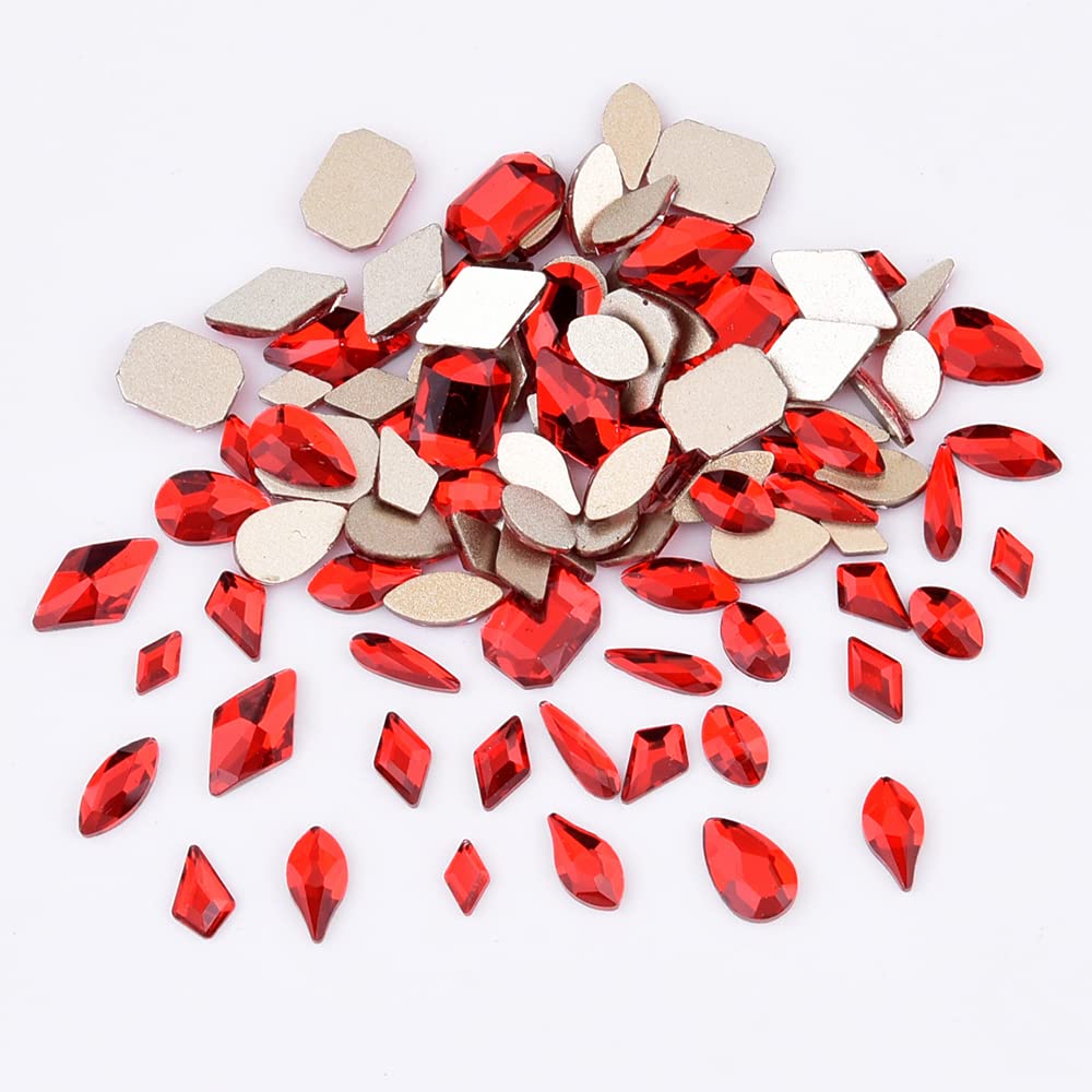 100pcs Glass Red Nail Rhinestones & 720pcs Flat Back Crystal Gems - Mixed Shapes Bulk Pack for Nail Art Decoration | Perfect for DIY Manicures, Salon Nail Designs, and Party Glam Looks
