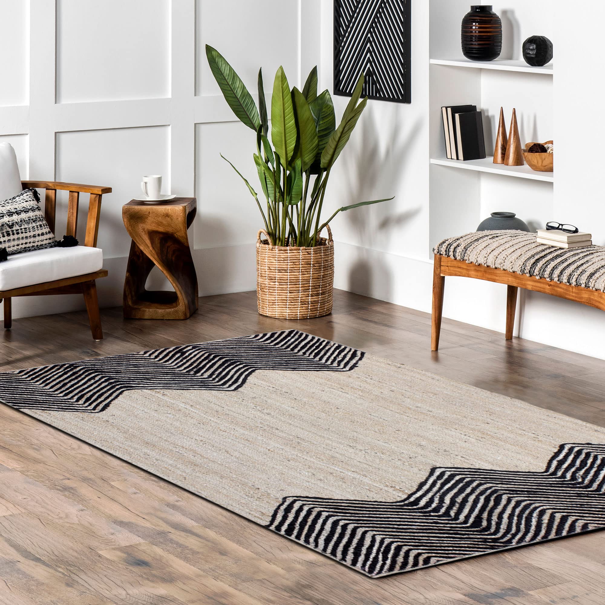 Handwoven Indian Jute Rug - Geometric Black & Beige 6x6 Feet Square Area Rug for Dining Room, Bedroom, Living Room, Nursery & Balcony - Eco-Friendly Home & Office Floor Decor