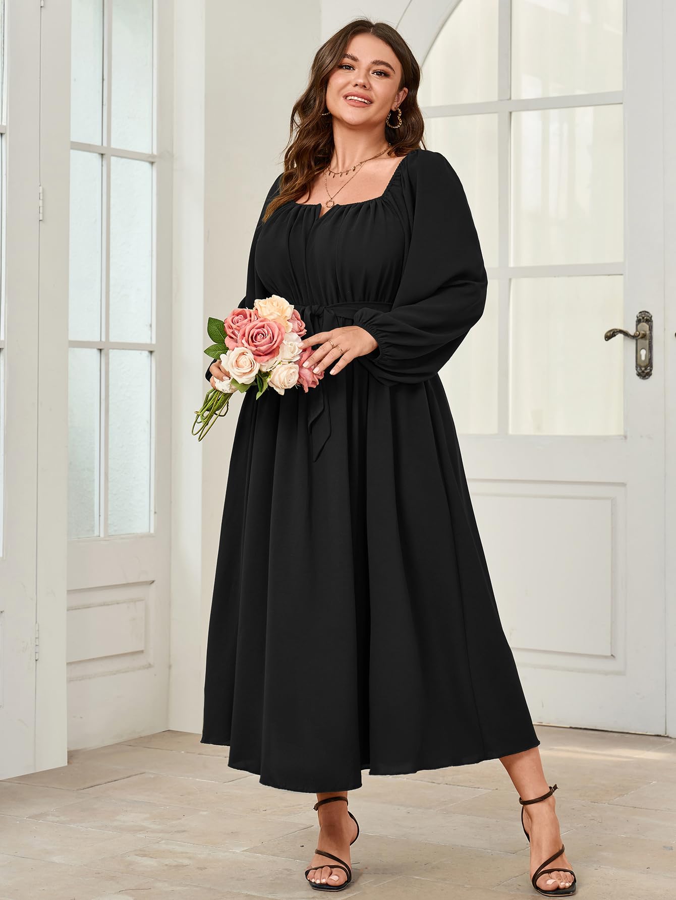 SCOMCHIC Women's Plus Size Maxi Dress - Long Sleeve Square Neck Elegant Cocktail Dress with Belt, Flowy A-Line Design for Wedding Guest, Party & Special Occasions