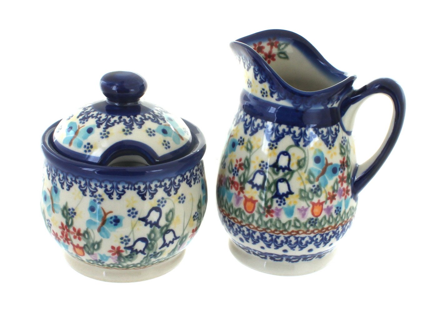 Hand-Painted Blue Rose Polish Pottery Cream and Sugar Set - Garden of Eden Design - Vintage Tea Set for Afternoon Tea, Coffee Service, and Home Decor