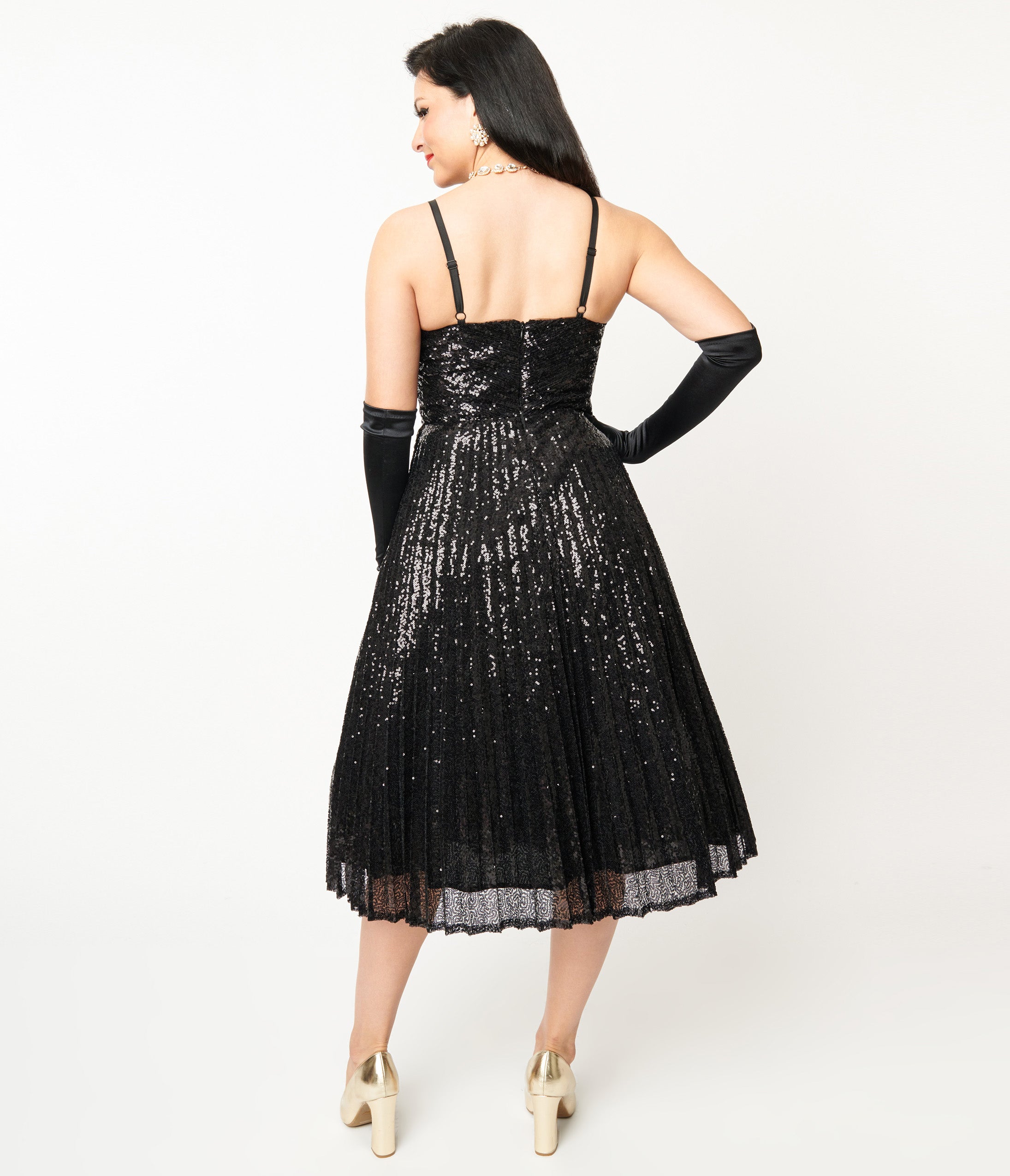 Vintage 1950s Black Pleated Sequin Swing Dress - Retro Cocktail Party & Swing Dance Outfit - Perfect for Halloween Costumes, Themed Parties & Pin-Up Fashion