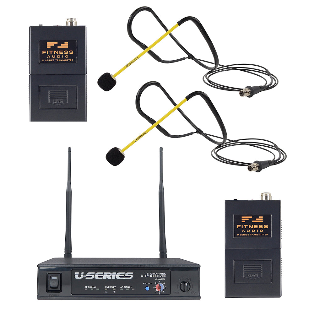 Professional Fitness Audio UHF Base System with 2 Aeromic Headset Mics & 2 Bodypack Transmitters - Ideal for Gym Classes, Dance Studios & Group Workouts