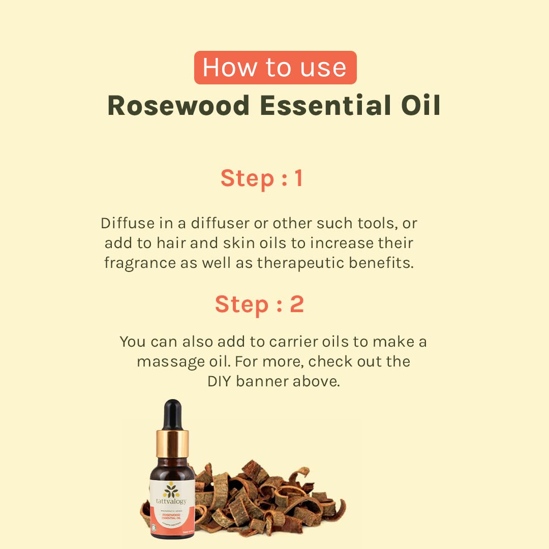 Tattvalogy Therapeutic Rosewood Essential Oil | 100% Pure Natural Undiluted Steam Distilled Dalbergia Sissoo | Antiseptic & Insecticidal Properties | Promotes Healthy Skin, Body & Mind | 15ml Glass Bottle | Perfect for Aromatherapy, Massage & DIY Skincare