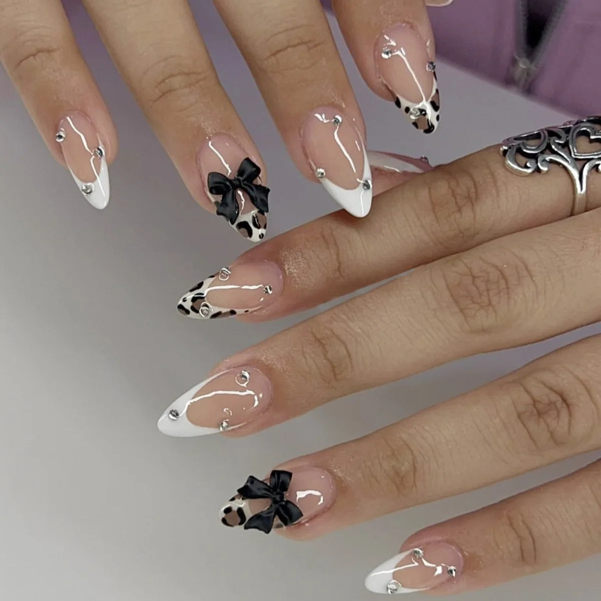 24Pcs French Leopard Print Fake Nails with 3D Flower Design - Almond Stiletto Press on Nails, Detachable Acrylic Full Cover Nail Tips for Women | Perfect for Parties, Weddings & Special Occasions