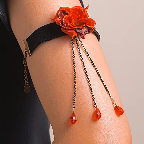 Gothic Black Lace Arm Chain with Red Crystal - Elegant Lace Cuff Flower Bracelet with Tassel Charm - Stylish Upper Arm Jewelry for Women and Girls - Perfect for Halloween, Cosplay, Gothic Fashion and Night Out Accessories