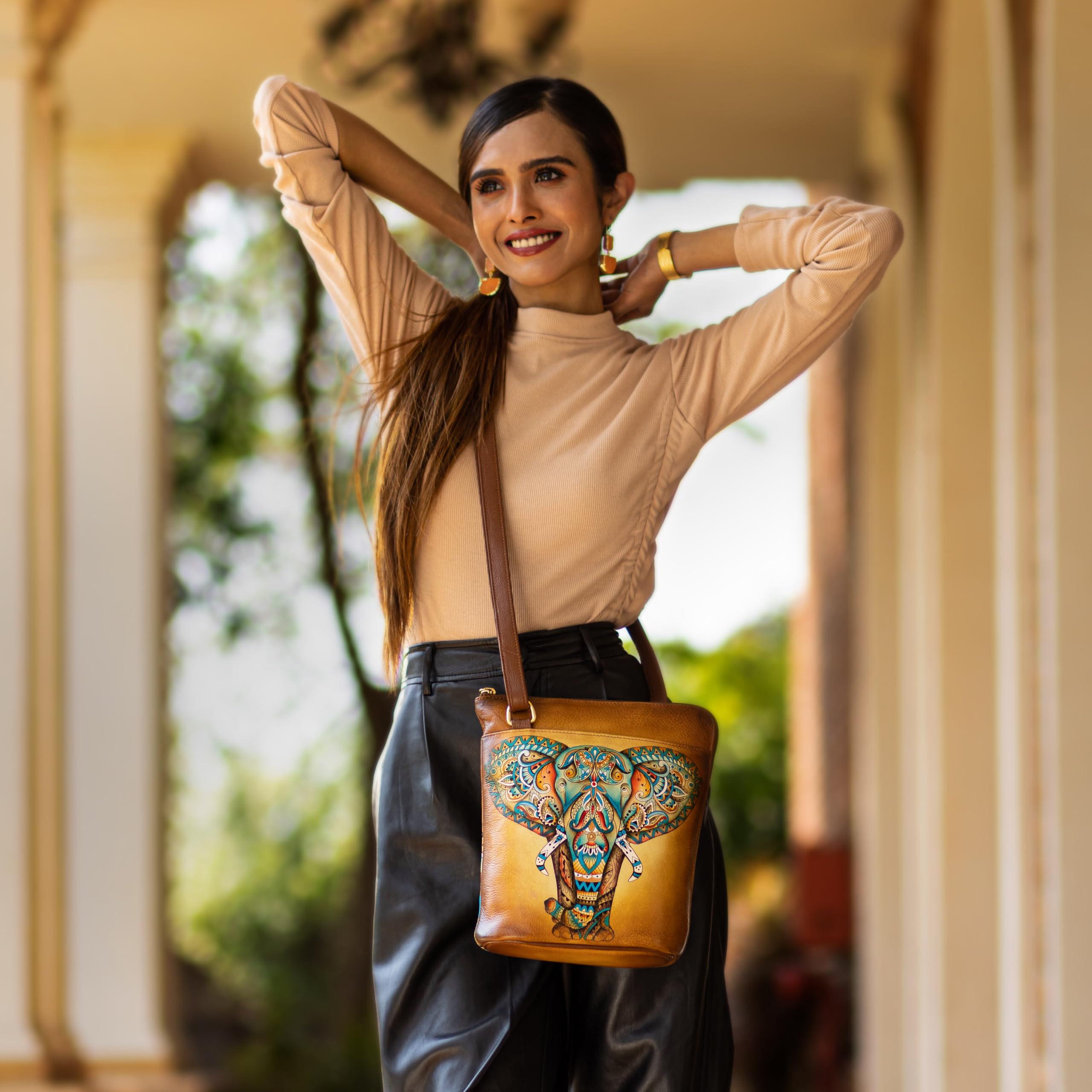 Anuschka Women's Hand-Painted Genuine Leather Crossbody Bag - Adjustable Strap & Extended Side Zipper - Perfect for Travel, Work & Everyday Use