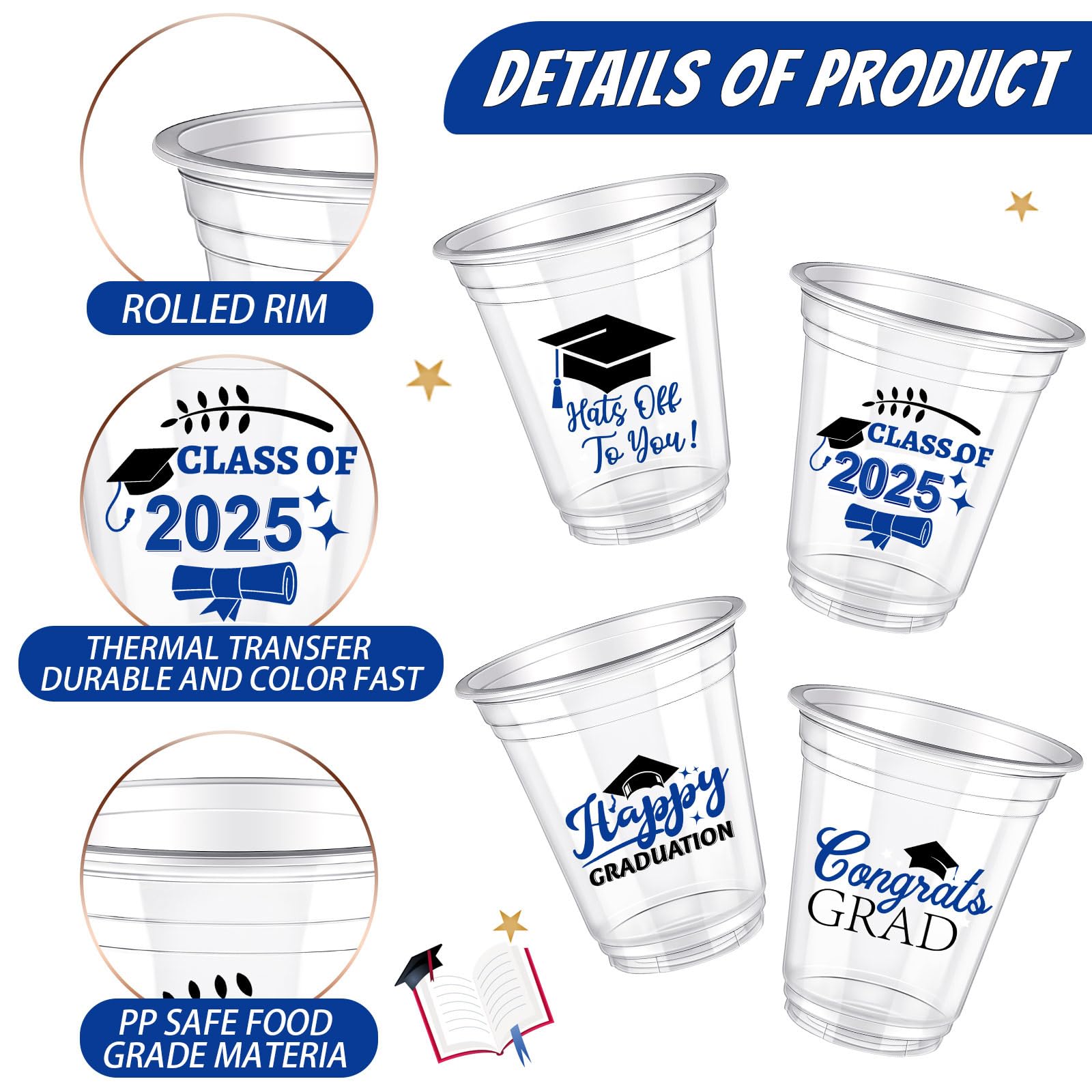 Eaasty 100-Pack 12oz Graduation Cups 2025 | Disposable Plastic Cups for Class of 2025 Graduation Party | Elegant Blue Tableware Decorations | Perfect for Grad Celebrations, School Events & Party Supplies