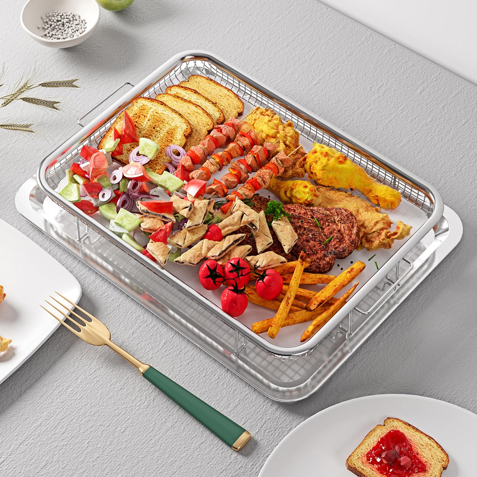 OPENICE 15.6 x 11.6 Inch Large Stainless Steel Air Fryer Basket & Pan Set with 30 PCS Parchment Papers - Oven Safe Baking Tray for Grilling, Roasting & Healthy Cooking - Perfect for Chicken Wings, French Fries & Vegetables