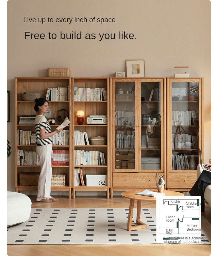 Oak Solid Wood Modern Glass Door Bookcase - Stylish Bookshelf for Living Room, Office & Library - Perfect for Home Decor & Book Storage