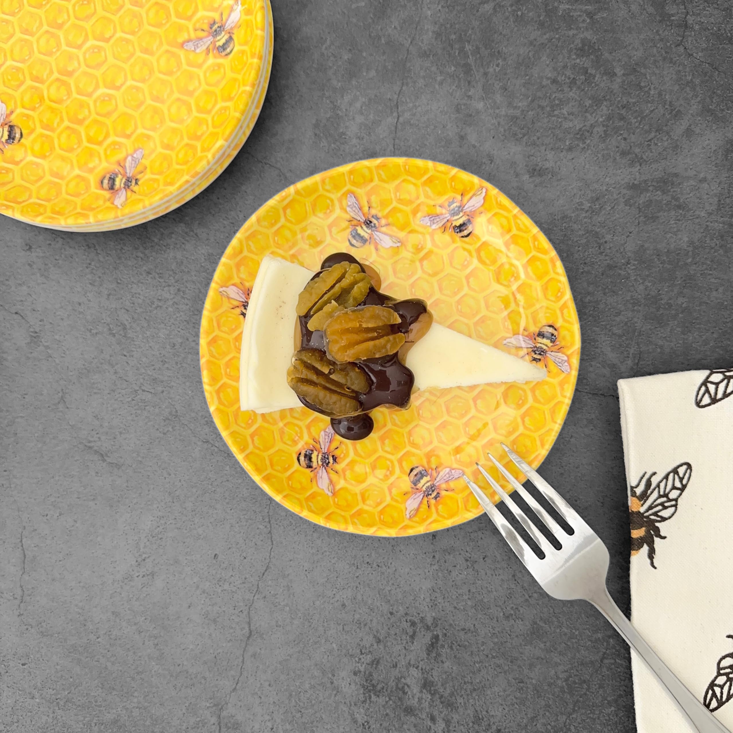 UPware Beehive Melamine Round Dessert Plates - 6 Inch Small Serving Plates for Appetizers, Snacks & Side Dishes - Set of 4 Yellow Dishware - Perfect for Parties, Picnics & Outdoor Dining