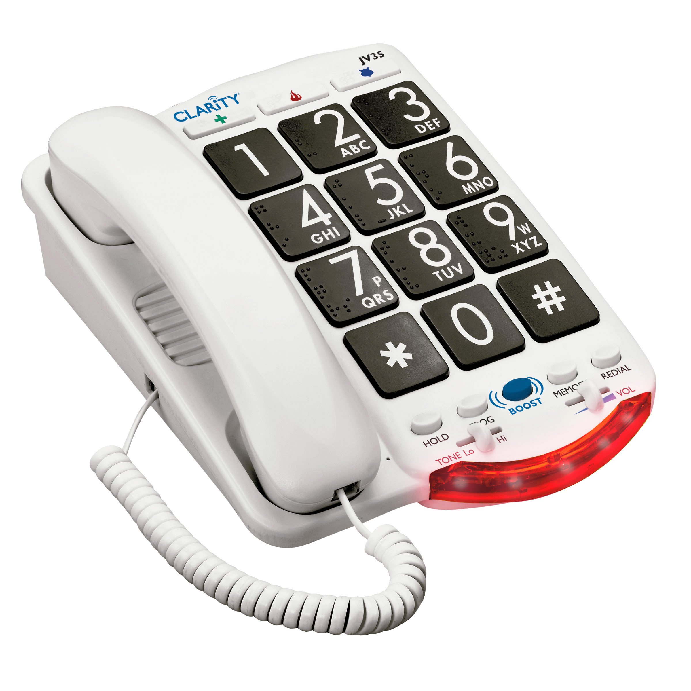 JV35 Amplified Phone with 37dB Hearing Aid Compatible - Braille Keypad & Voice Announcement - Easy-to-Use Senior Cell Phone for Hearing Impaired (White) - Perfect for Home, Office, and Elderly Care
