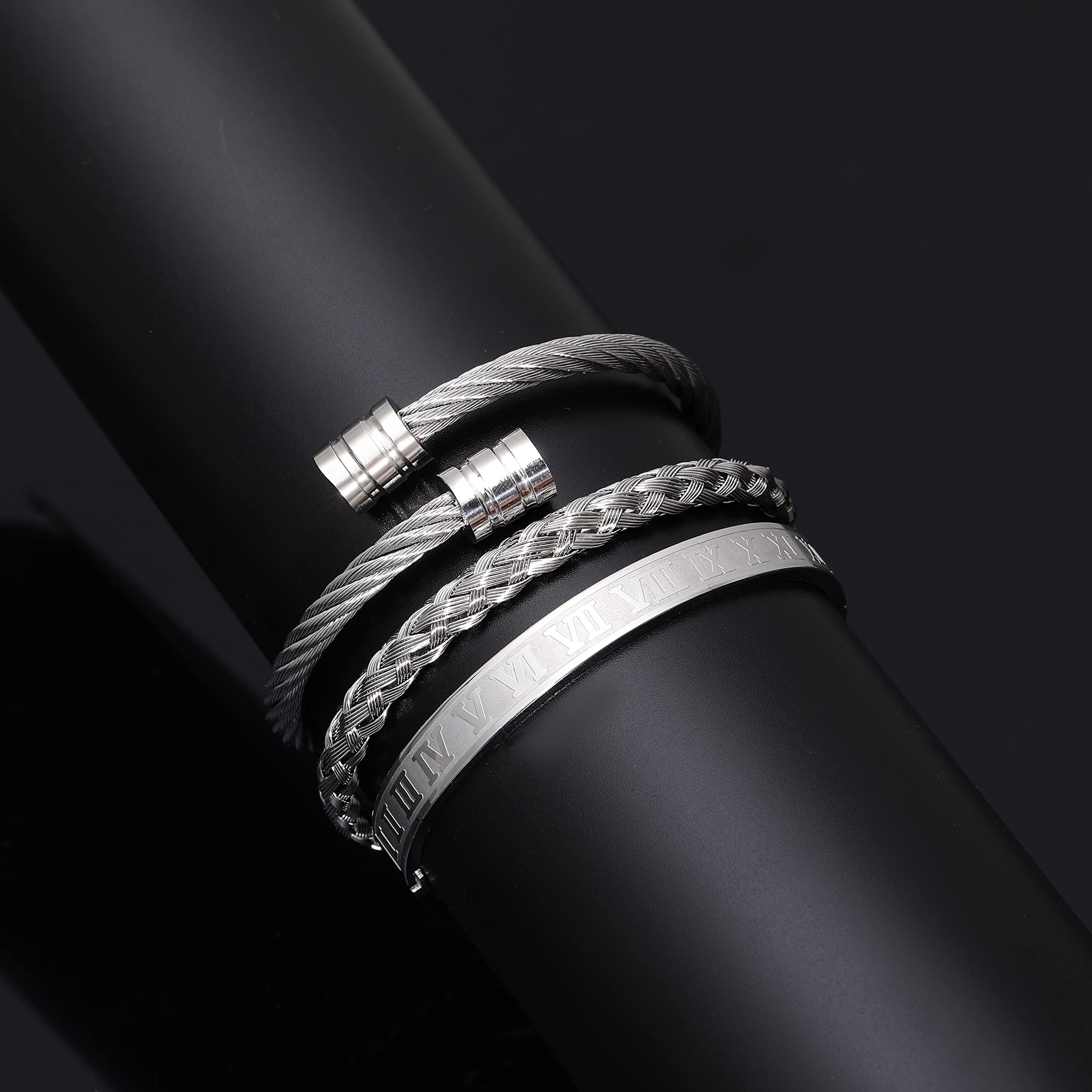 WFYOU 3PCS Stainless Steel Bracelets for Men - Gold Roman Numeral & Adjustable Cuff Bracelets - Luxury Mens Jewelry Gifts for Birthday, Anniversary, Wedding & Everyday Wear