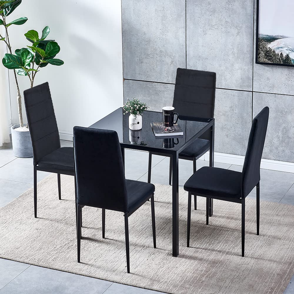 5-Piece Modern Glass Dining Table Set with 4 Velvet High-Back Chairs - Black Kitchen & Restaurant Furniture for Small Spaces | Perfect for Dining Rooms, Apartments & Compact Areas
