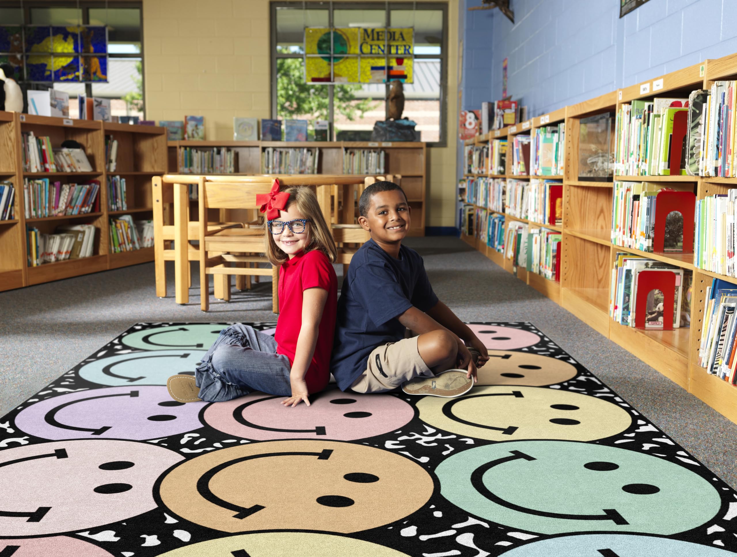 Pastel Rainbow Smileys Educational Area Rug for Kids - 7'6
