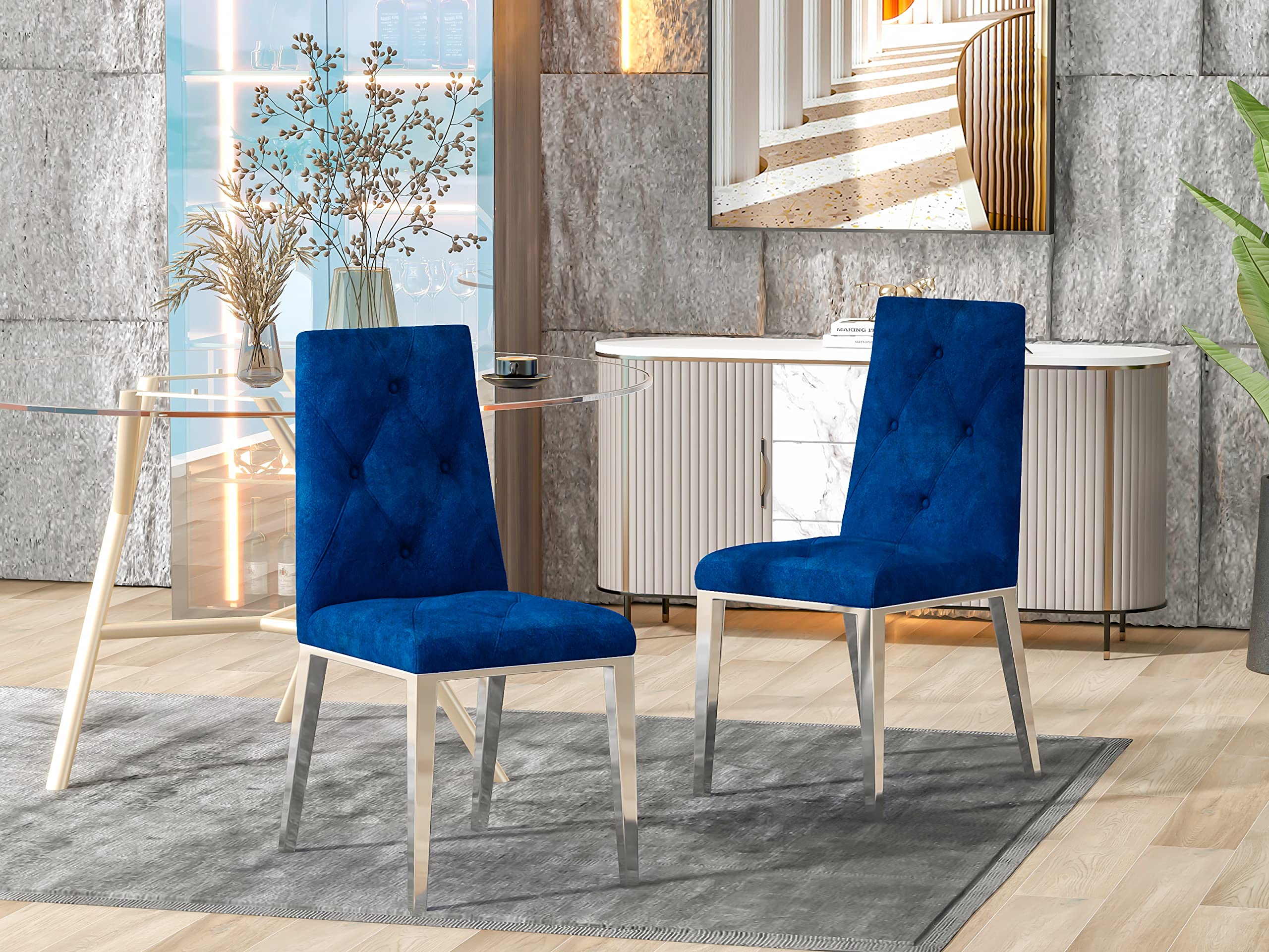 Modern Luxury Dining Chairs Set of 2 - Fabric Upholstered with Chrome Legs (Blue) - Perfect for Home, Restaurant & Office Dining Areas