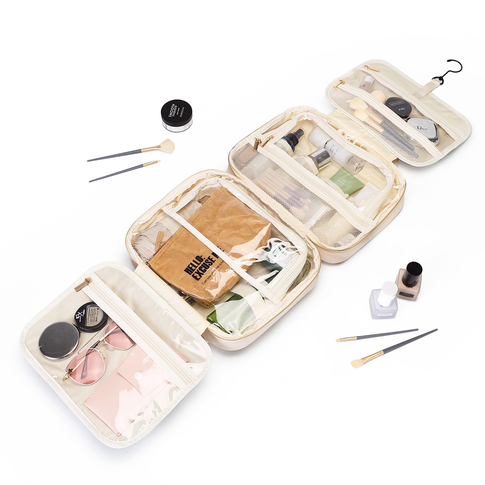 Waterproof Hanging Toiletry Bag for Women Travel - Large Cosmetic Organizer with Multiple Pockets, Makeup Travel Bag Essentials (Beige) | Perfect for Airplane, Gym, Camping & Vacation Trips