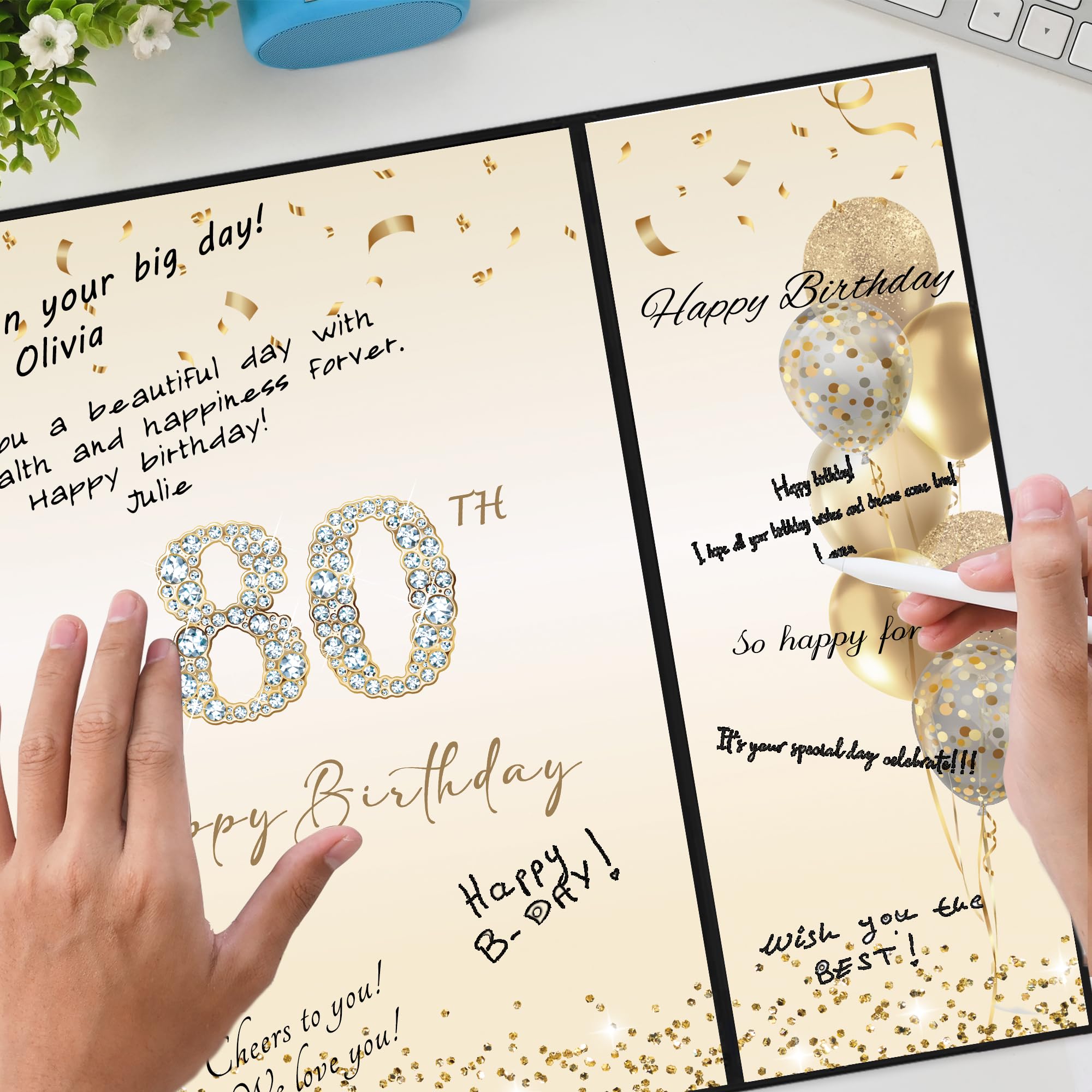 DARUNAXY Black Gold 80th Birthday Party Decorations Set - Happy 80th Birthday Guest Book Alternative for Men & Women - Cheers to 80 Years Signing Board - Perfect for Milestone Celebrations, Retirement Parties & Family Gatherings