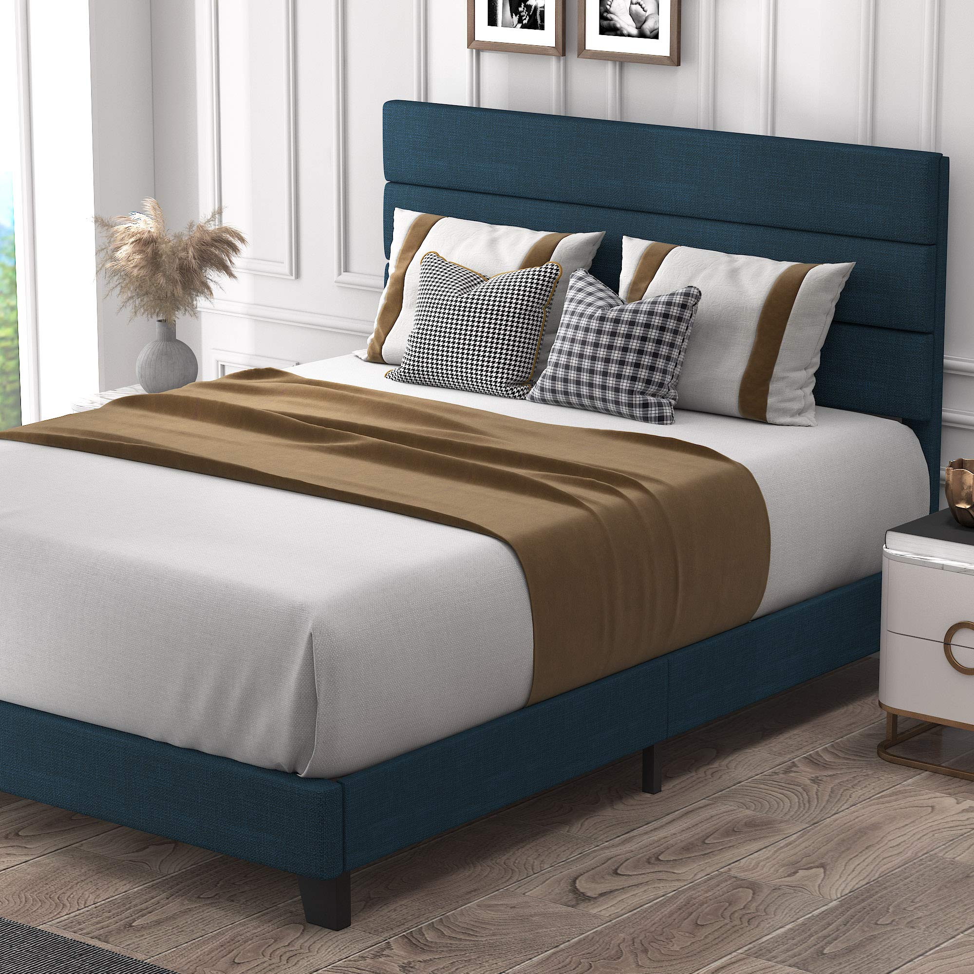 **Full Platform Bed Frame with Upholstered Headboard - Wooden Slats Support, No Box Spring Needed - Easy Assembly, Navy Blue - Perfect for Modern Bedrooms & Guest Rooms**
