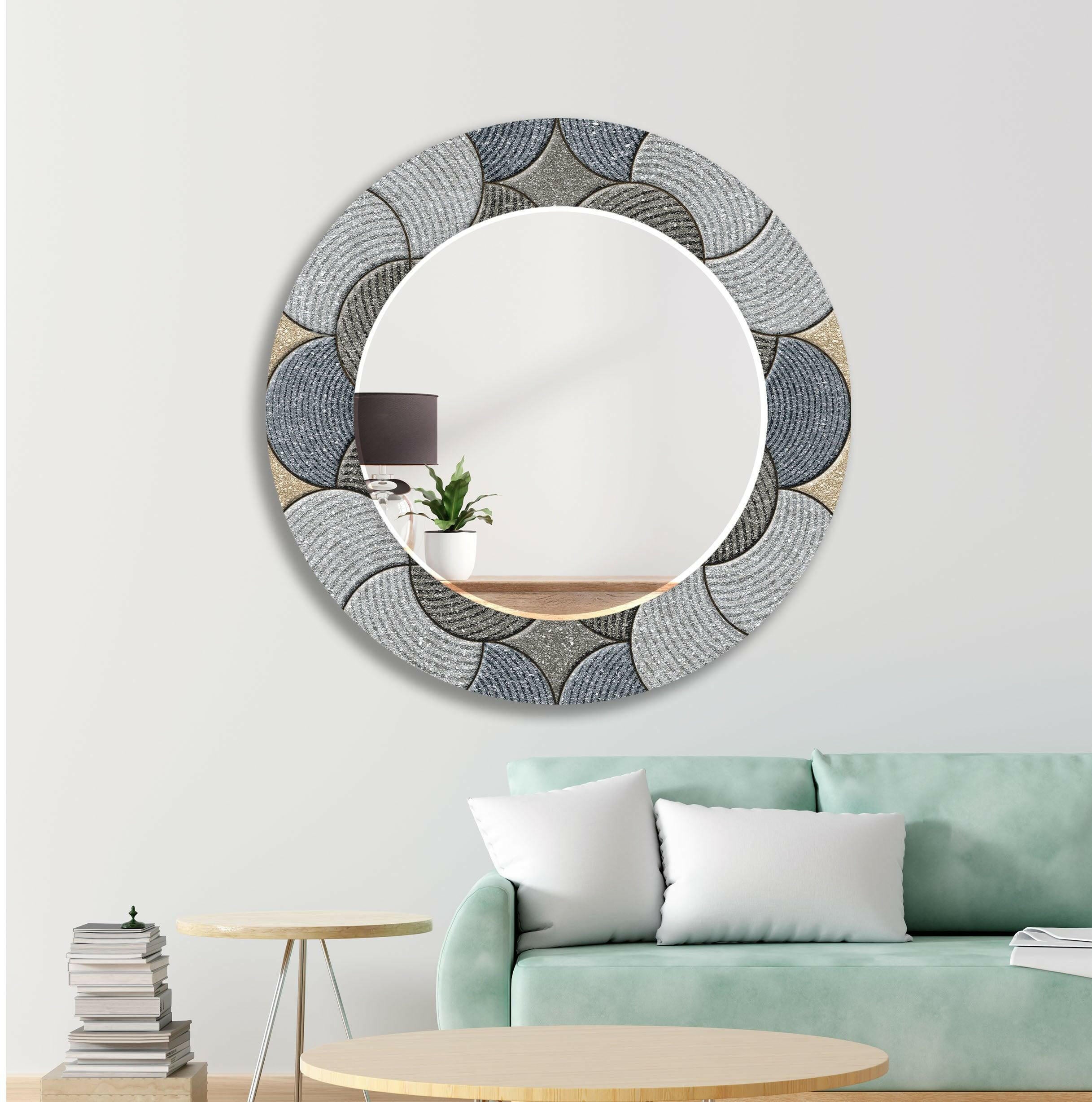Modern Beige and Gray Circles Design Wall Mirror - Stylish Round Decorative Mirror for Living Room, Bedroom, or Entryway Decor