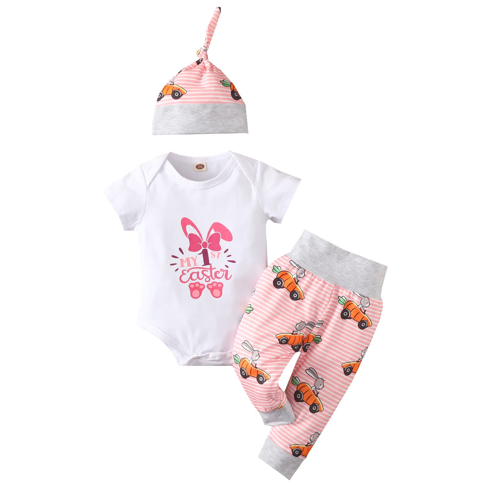 My 1st Easter Outfit for Baby Boys & Girls - 3Pc Set with Bunny Print Romper, Long Pants & Hat (Pink, 6-12 Months) - Perfect for Easter Celebrations, Spring Photoshoots & Summer Outings