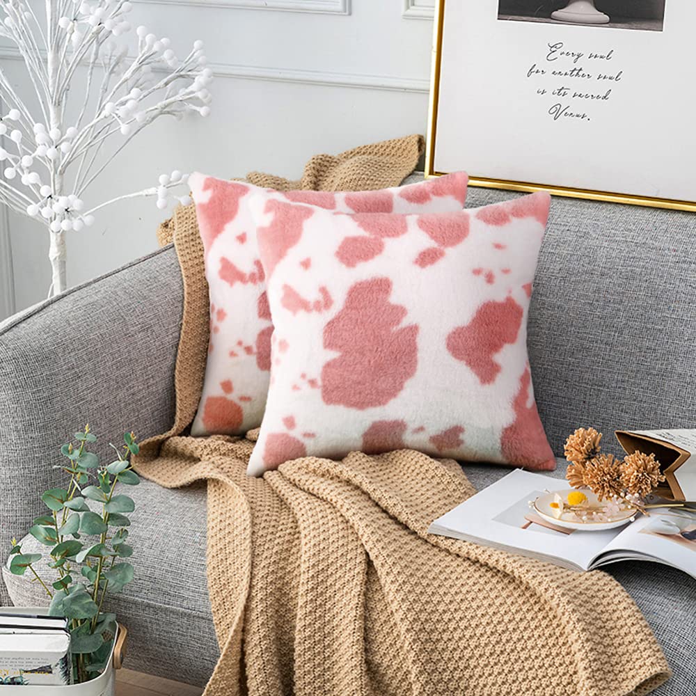 TEQIN Cow Print Pillow Cover 18x18 Inch - Soft Decorative Cushion Case for Sofa, Bed, Living Room, Office - Pink Home Decor for Farmhouse & Boho Style