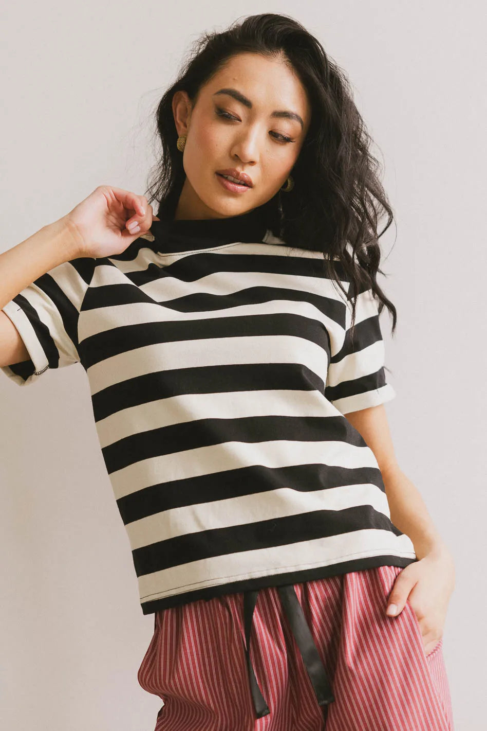 Grenna Striped Black Women's T-Shirt - Soft Cotton Casual Top for Everyday Wear | Perfect for Work, Outings & Layering
