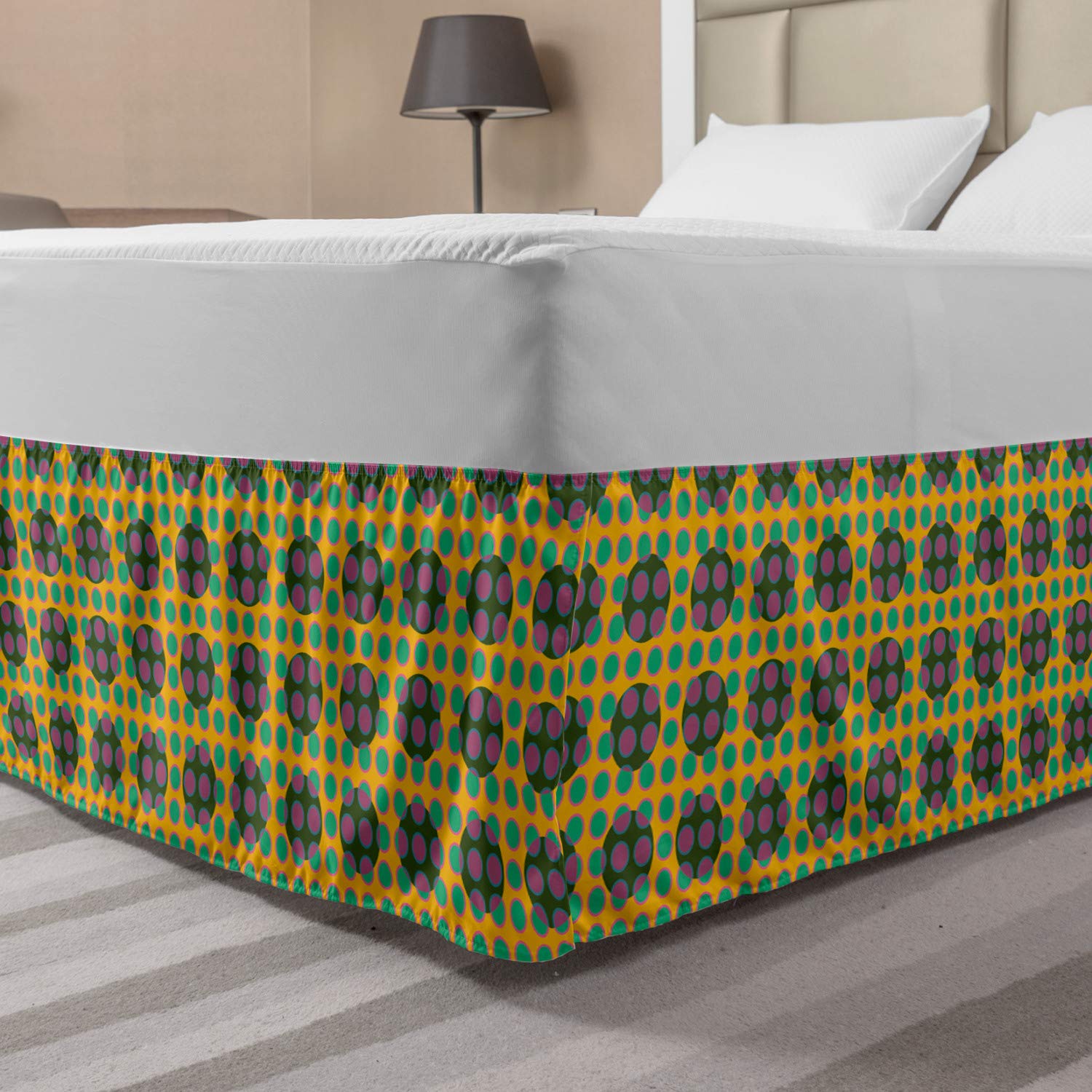 Ambesonne Geometric Bed Skirt - Retro Inspired Contemporary Round Design, Elastic Dust Ruffle Wrap Around Bedskirt for King Size Beds, Yellow Multicolor - Perfect for Modern Bedroom Decor & Guest Room Styling