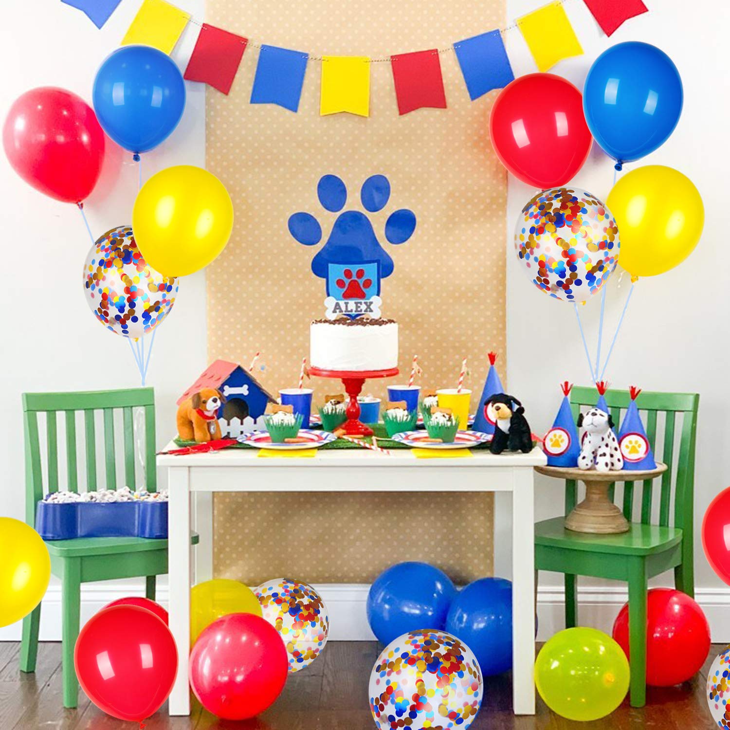 80 Pack Red Yellow Blue Confetti Latex Balloons - Paw Patrol Party Decorations, Carnival Circus Birthday Supplies for Kids, Baby Showers & Festive Events