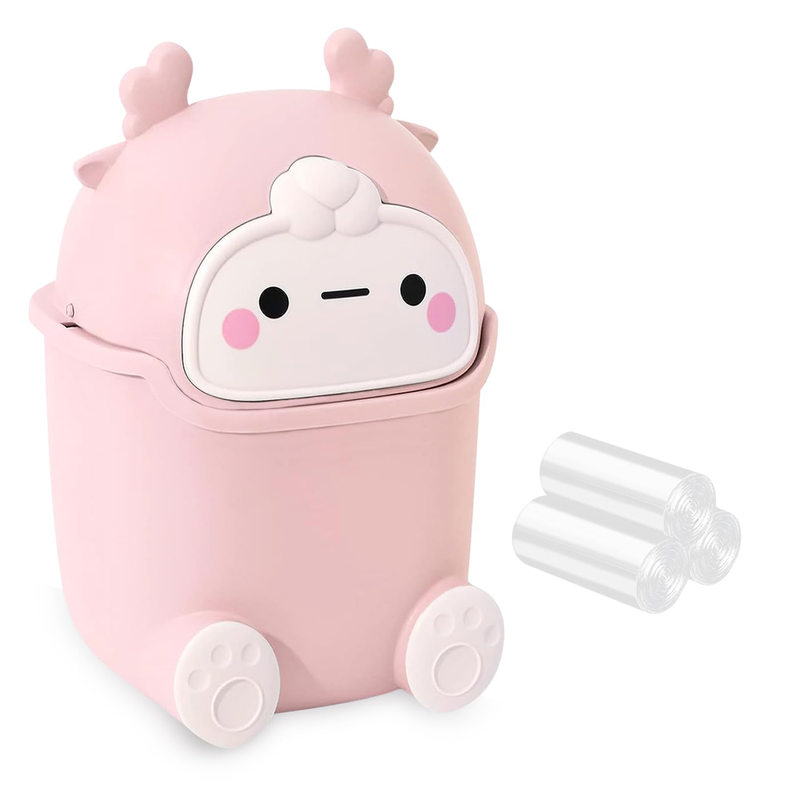 Cute Pink Mini Desktop Trash Can with Flip Lid - Includes 90Pcs Trash Bags, Small Plastic Waste Basket for Bathroom, Kitchen, Office & Dressing Table - Perfect for Home, Office & Workspace Organization
