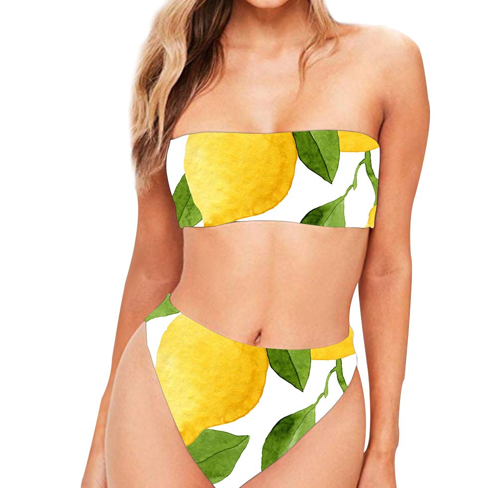 FeHuew Women's Push Up Bandeau Bikini Set - Watercolor Print Two Piece Swimwear, High Waisted Bathing Suits for Beach, Pool & Summer Vacation