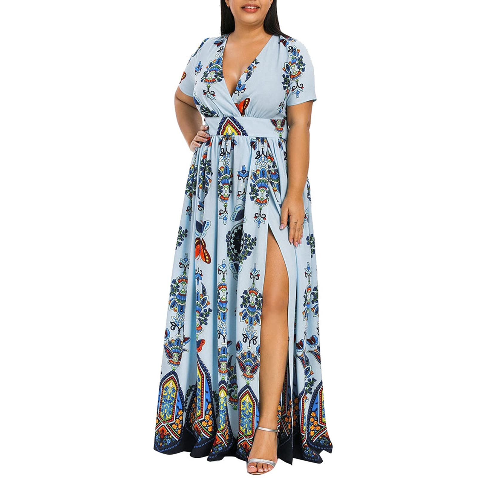 **Women's Plus Size Casual Wrap Dress - Short Sleeve V-Neck Floral Print White Dress for Everyday Wear, Office & Summer Outings**