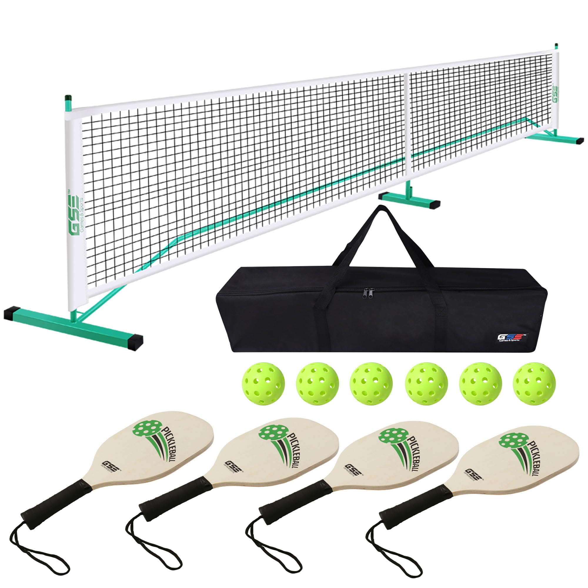 GSE Games & Sports Expert Portable Pickleball Net Set - Regulation Size Net, 4 Paddles, 6 Balls & Carry Bag - Weatherproof Metal Frame for Outdoor Play - Perfect for Backyard, Park & Beach Pickleball Games