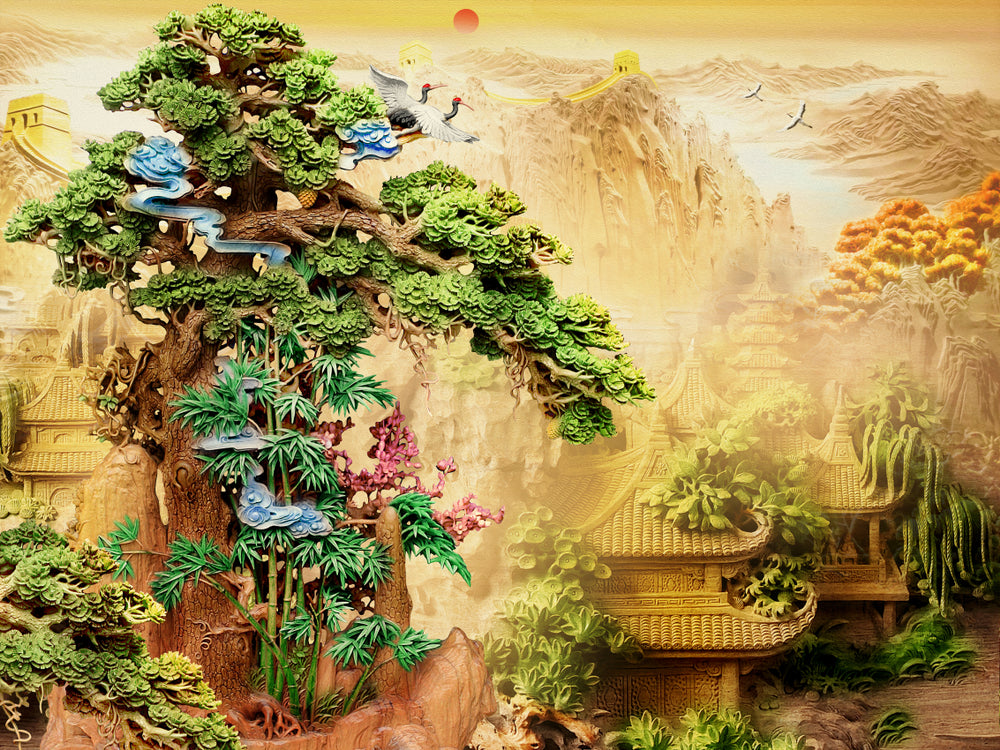 3D Tree & Old Chinese House Wall Art with Birds - Handmade in Australia - Perfect for Home Decor, Office & Gifts