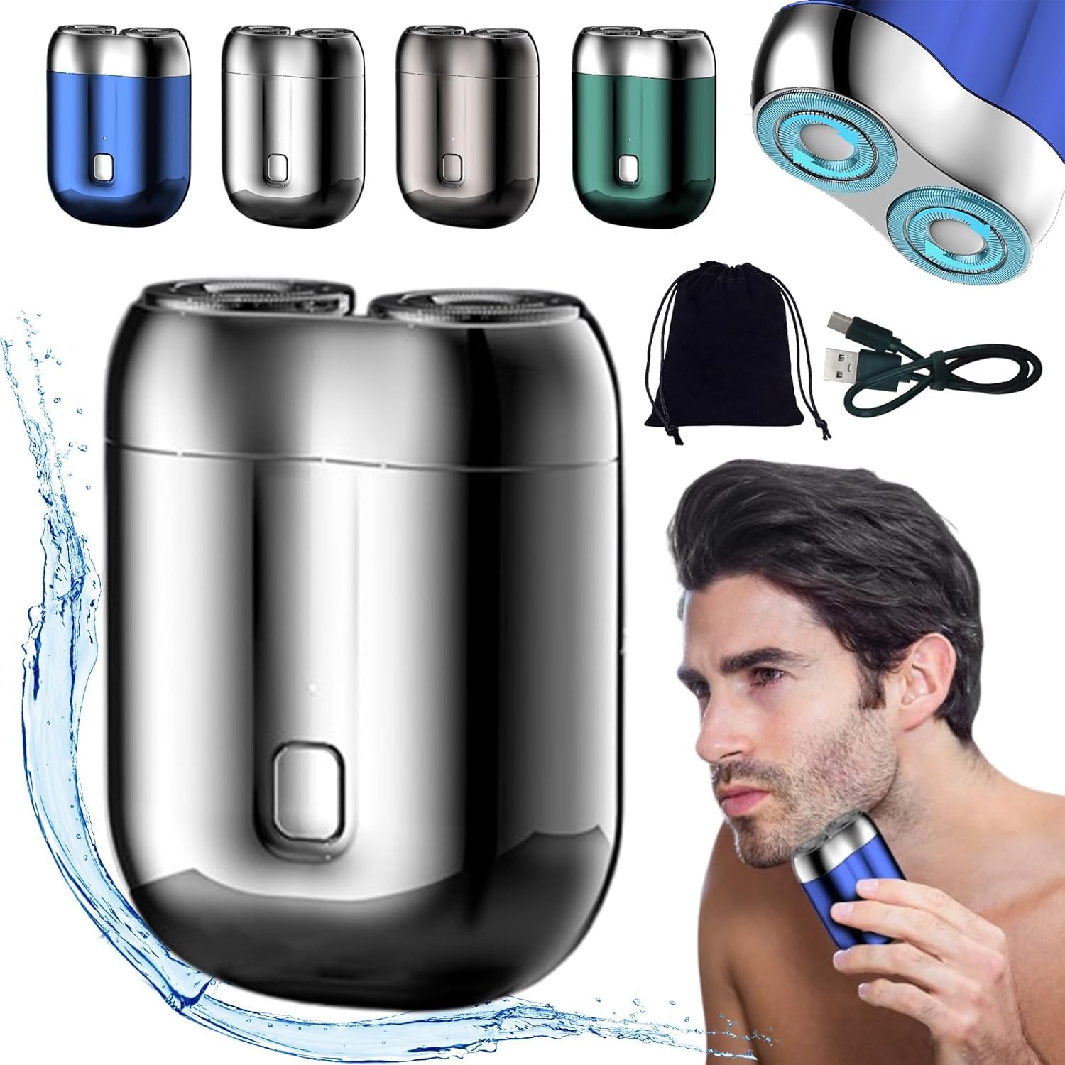 Portable Mini Electric Shaver for Men - USB-C Rechargeable, IPX7 Waterproof, Dual Head Wet/Dry Shaving - Home & Travel Use, Silver (Ideal for Business Trips, Gym, and Daily Grooming)