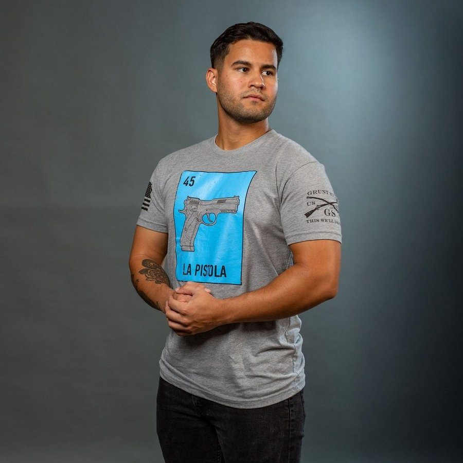 La Pistola Graphic T-Shirt for Men - Dark Heather Gray Cotton Tee | Casual Streetwear & Everyday Comfort