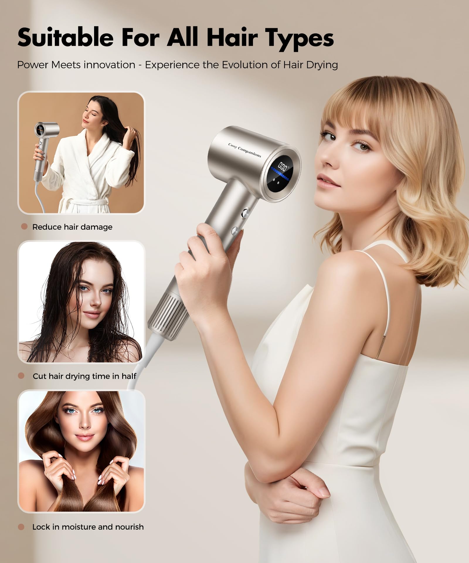 Professional 150,000RPM High-Speed Hair Dryer with HD Display - 5 Temperature Settings & 2 Speed Options, 500 Million Negative Ions for Frizz-Free Hair - Ultra Quiet Blow Dryer with Diffuser & Concentrator Nozzle (Gold) - Perfect for Home Use, Salon Styling, and Travel