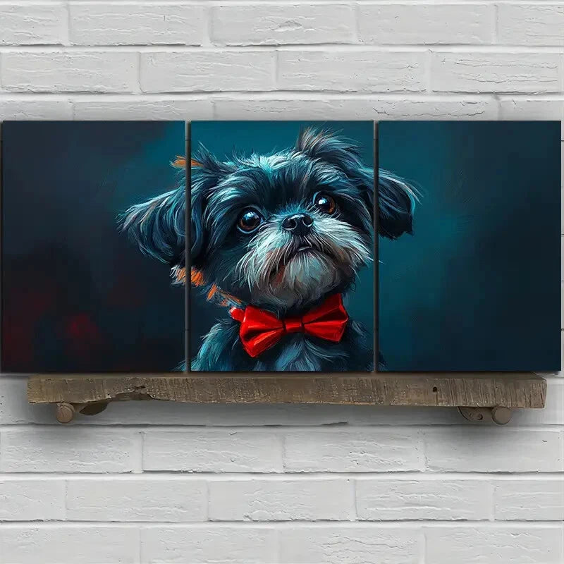 3PCS Dog Wearing Red Bow Tie Metal Wall Art - Ready to Hang Pet Portrait Decor for Living Room, Bedroom & Office