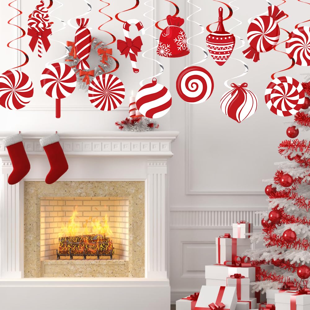60pcs Christmas Candy Hanging Swirl Decorations - Red & White Peppermint Candy Cutouts for Xmas Party, Classroom & Home Decor - Perfect for Holiday Ceiling Streamers and Festive Wall Hangings