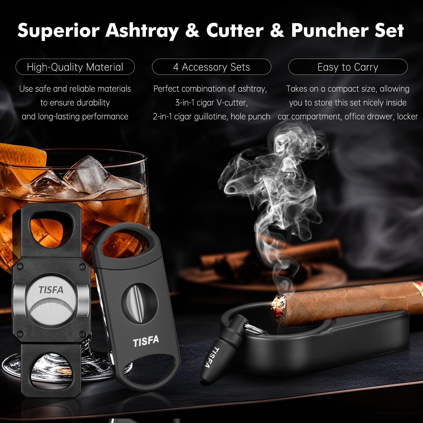 Premium Cigar Ashtray Set with Hole Punch & V Cutter - Portable Outdoor Cigar Accessories Gift Set with Draw Enhancer, Holder & Stand - Perfect for Patio, BBQ, and Man Cave Decor