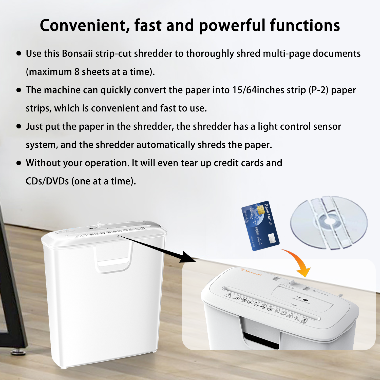 Bonsaii 8-Sheet Quiet Strip Cut Paper Shredder with 3.4 Gallon Bin - High Security for Home & Office - Shreds Paper, CDs, Credit Cards - Overheat Protection & Ultra Quiet Operation - Perfect for Document Security, Tax Records, Identity Protection & Small Office Use