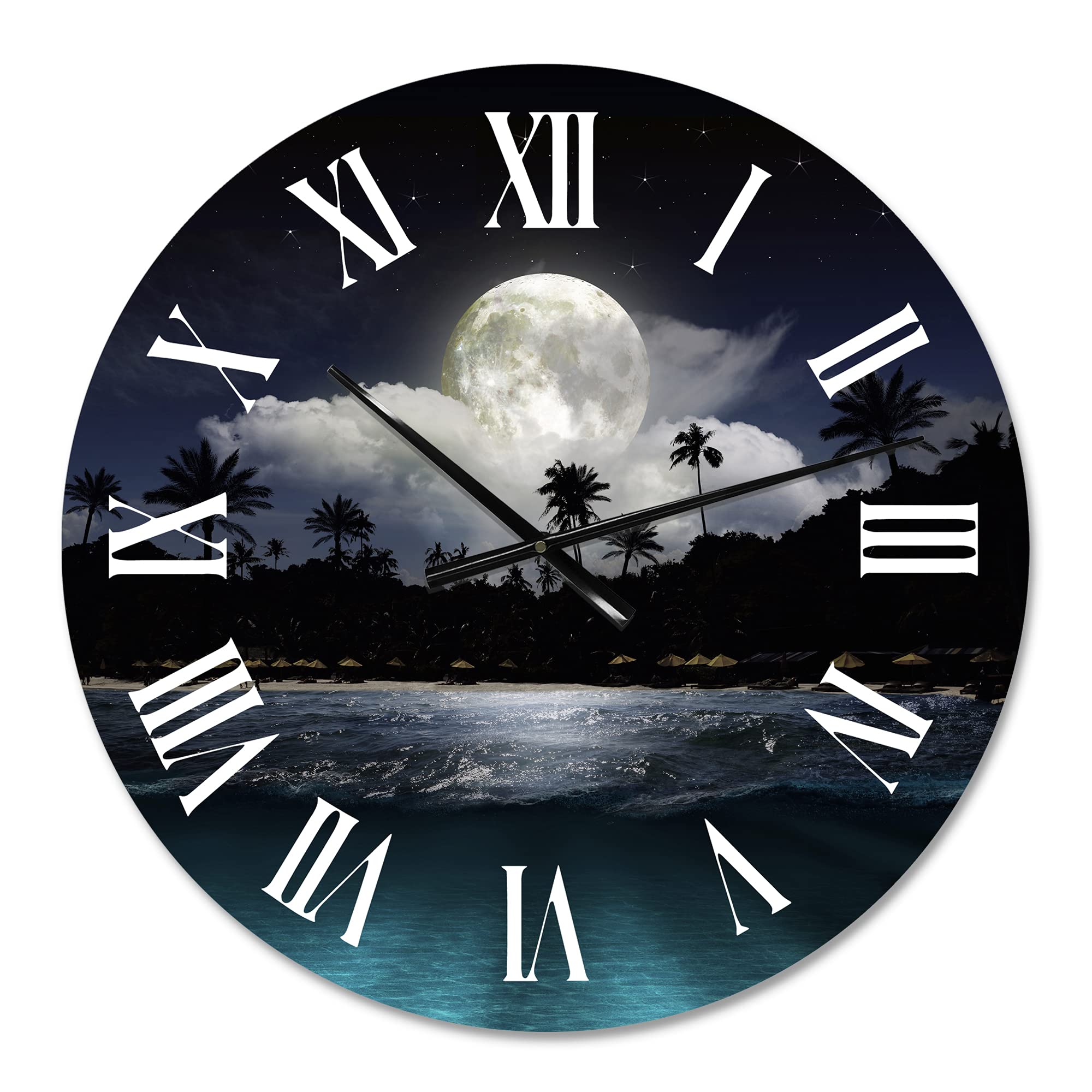 Fishing Boat Under Tropical Full Moon - Modern Large Wall Clock for Living Room Decor | Nature Landscape Art Clock | Perfect for Home, Office & Gift Giving