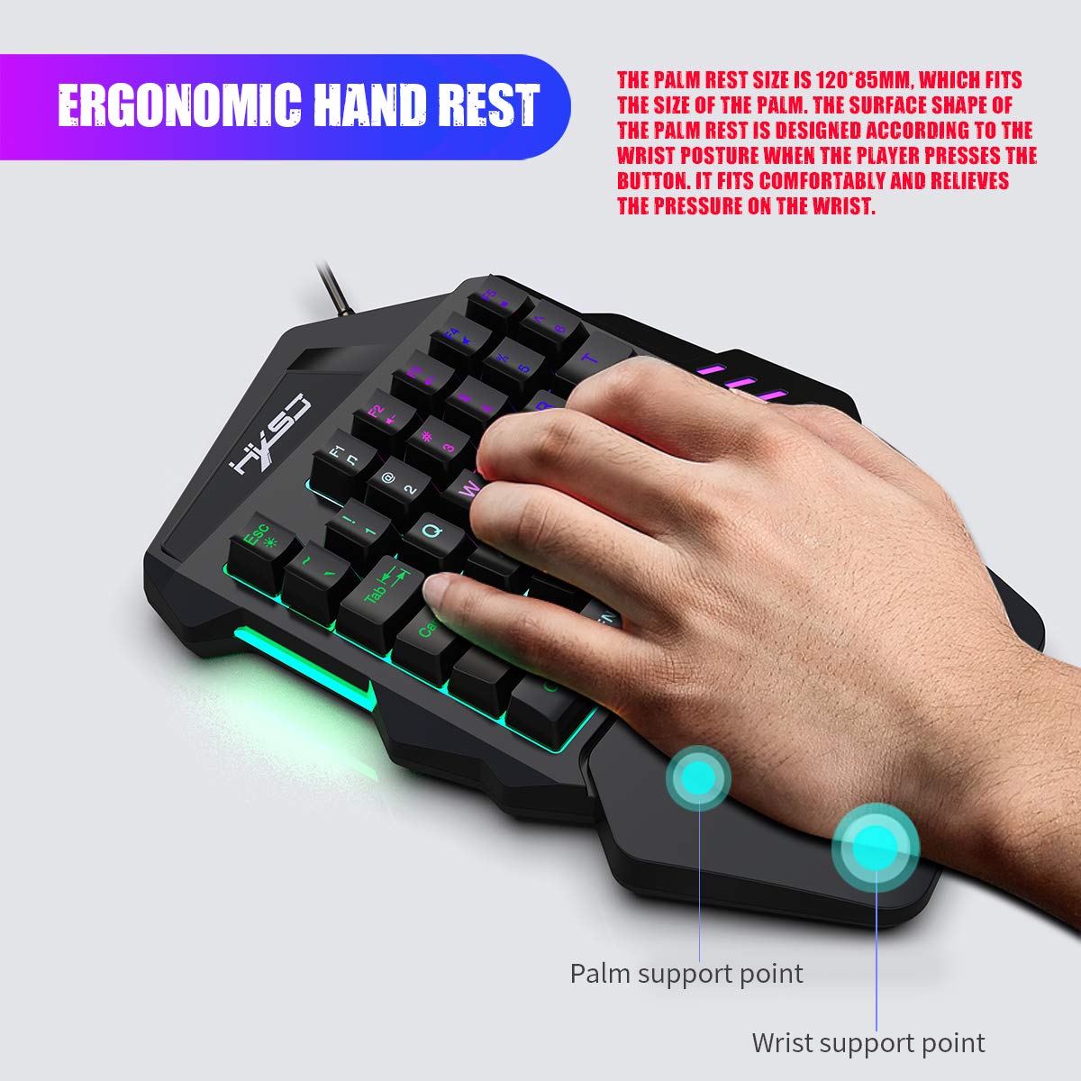 One-Handed RGB Gaming Keyboard - 35 Key Portable Mini Half Keypad with Wrist Rest | Mechanical Feel Ergonomic Game Controller for PC Gamers | Perfect for FPS, MMO & Esports Gaming