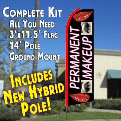 Permanent Makeup Black Flutter Feather Banner Flag Kit - Includes Flag, Pole & Ground Mount for Outdoor Decor, Events & Parties