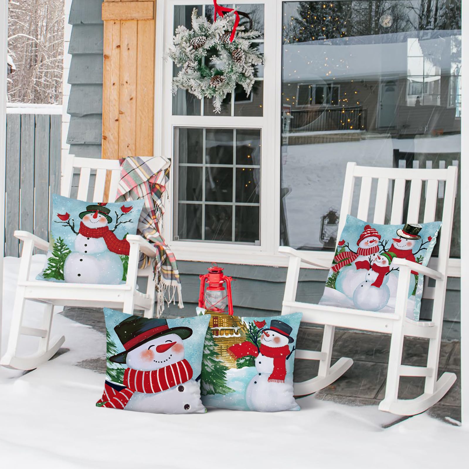 Bonhause 18x18 Inch Snowman Throw Pillow Covers - Winter Pine Tree & Snowflake Decorative Cushion Covers Set of 4 for Sofa, Couch, Bed - Christmas Holiday Home Decor for Living Room, Bedroom Seasonal Cozy Decorations